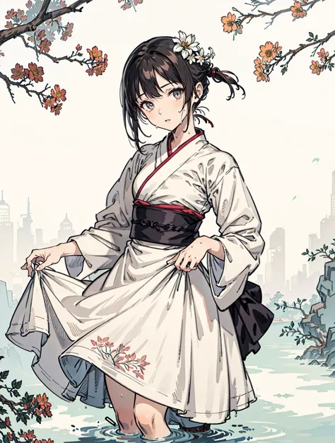 best quality, high_resolution, distinct_image, detailed background ,girl, random wear,flower, lain,dutch angle, wet, hanbok dress, waist apron,