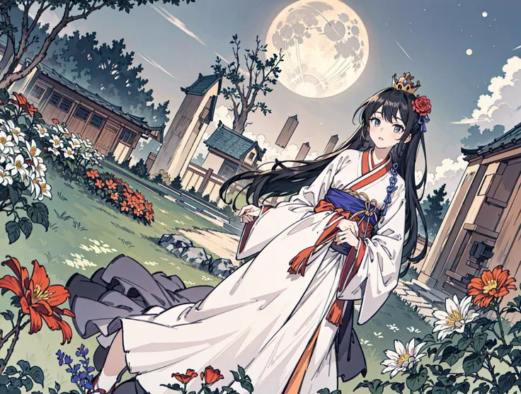 best quality, high_resolution, distinct_image, detailed background ,girl, hanbok,flower,garden,moon, night,dutch angle, wide shot, crown, <lora:kobayakawaSaeIdolm_delta:1>