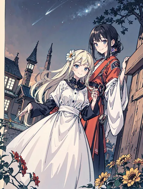 best quality, high_resolution, distinct_image, detailed background ,girl, random wear,flower, night sky,dutch angle, wide shot,shy smile,