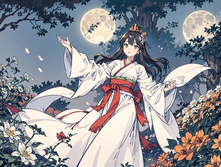 best quality, high_resolution, distinct_image, detailed background ,girl, hanbok,flower,garden,moon, night,dutch angle, wide shot, crown, <lora:kobayakawaSaeIdolm_delta:1>