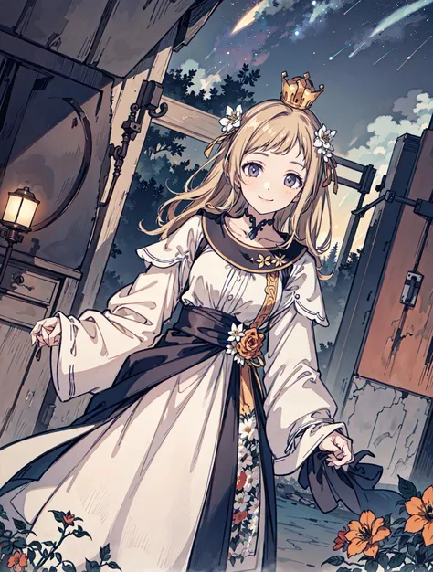 best quality, high_resolution, distinct_image, detailed background ,girl, random wear,flower, night sky,dutch angle, wide shot,shy smile, crown,  <lora:sakuragiManoTHEIDOLM_v10:1>