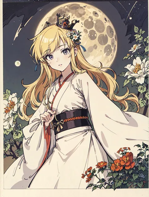best quality, high_resolution, distinct_image, detailed background ,girl, hanbok,flower,garden,moon, night,dutch angle, wide shot, crown, <lora:ohtsukiYuiTHEIDOLMSTER_v10:1>