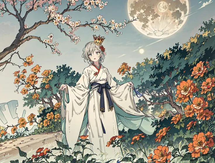 best quality, high_resolution, distinct_image, detailed background ,girl, hanbok,flower,garden,moon, night,dutch angle, wide shot, crown,<lora:anastasiaTHEIdolmSTER_anastasiaV10:1>
