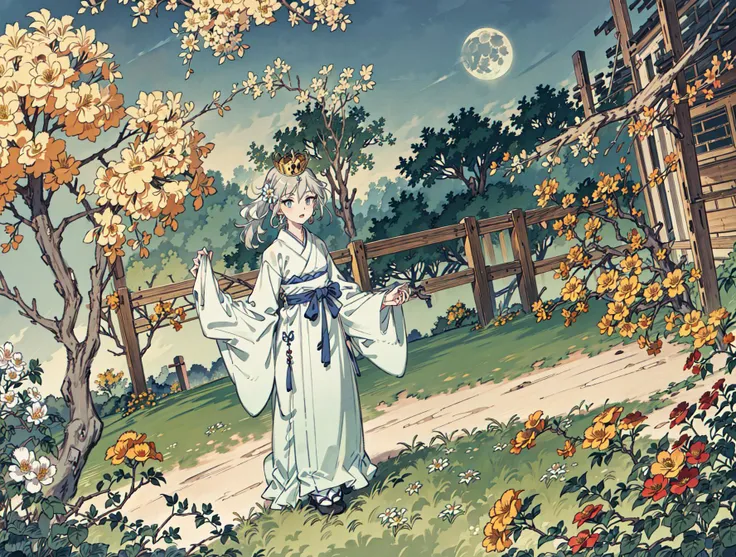 best quality, high_resolution, distinct_image, detailed background ,girl, hanbok,flower,garden,moon, night,dutch angle, wide shot, crown,<lora:anastasiaTHEIdolmSTER_anastasiaV10:1>