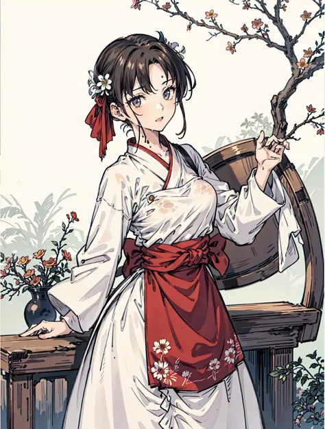 best quality, high_resolution, distinct_image, detailed background ,girl, random wear,flower, lain,dutch angle, wet, hanbok dress, waist apron,