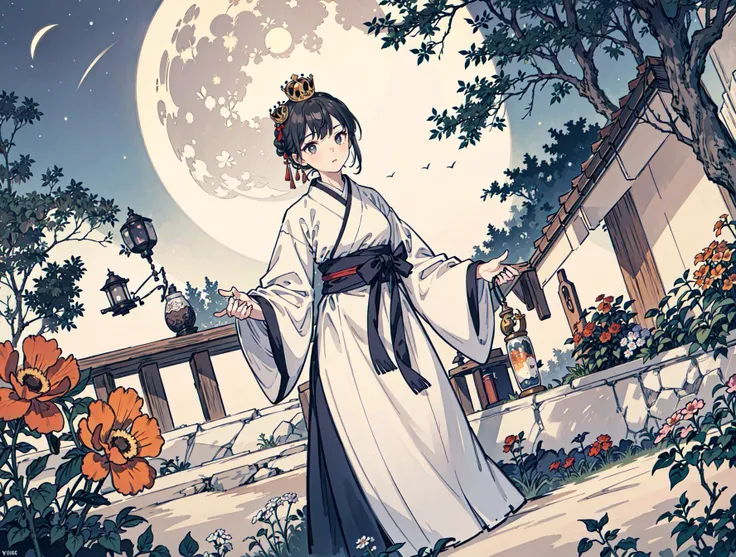 best quality, high_resolution, distinct_image, detailed background ,girl, hanbok,flower,garden,moon, night,dutch angle, wide shot, crown, <lora:kobayakawaSaeIdolm_delta:1>