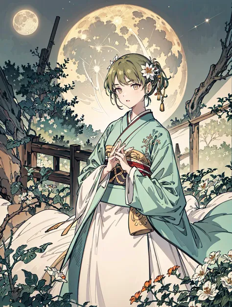 best quality, high_resolution, distinct_image, detailed background ,girl, hanbok,flower,garden,moon, night,<lora:nanakusaNichikaTHEIDOLM_v10:1>
