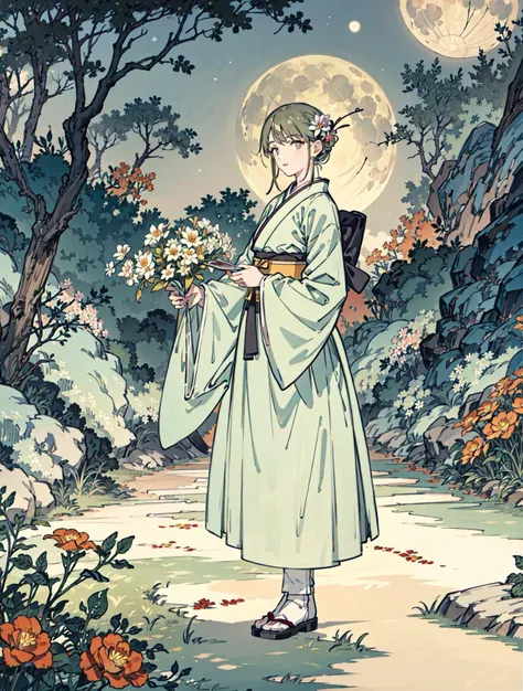 best quality, high_resolution, distinct_image, detailed background ,girl, hanbok,flower,garden,moon, night,<lora:nanakusaNichikaTHEIDOLM_v10:1>