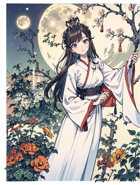 best quality, high_resolution, distinct_image, detailed background ,girl, hanbok,flower,garden,moon, night,dutch angle, wide shot, crown,  <lora:ohtsukiYuiTHEIDOLMSTER_v10:1>