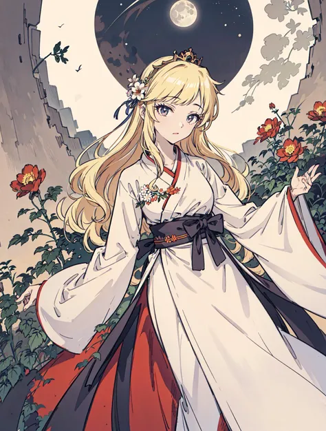 best quality, high_resolution, distinct_image, detailed background ,girl, hanbok,flower,garden,moon, night,dutch angle, wide shot, crown, <lora:ohtsukiYuiTHEIDOLMSTER_v10:1>