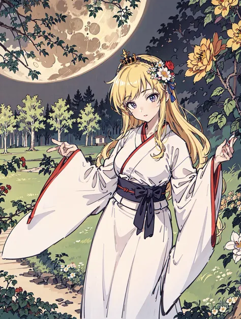 best quality, high_resolution, distinct_image, detailed background ,girl, hanbok,flower,garden,moon, night,dutch angle, wide shot, crown, <lora:ohtsukiYuiTHEIDOLMSTER_v10:1>