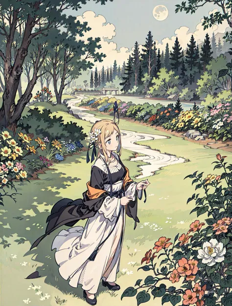 best quality, high_resolution, distinct_image, detailed background ,girl, flower,garden,moon, <lora:sakuragiManoTHEIDOLM_v10:1>