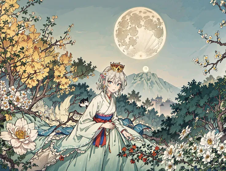 best quality, high_resolution, distinct_image, detailed background ,girl, hanbok,flower,garden,moon, night,dutch angle, wide shot, crown,<lora:anastasiaTHEIdolmSTER_anastasiaV10:1>