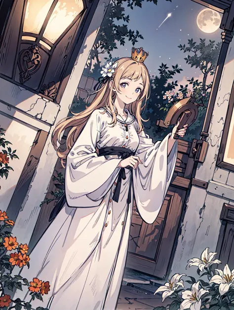 best quality, high_resolution, distinct_image, detailed background ,girl, random wear,flower, night sky,dutch angle, wide shot,shy smile, crown, <lora:sakuragiManoTHEIDOLM_v10:1>