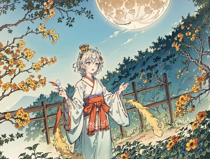 best quality, high_resolution, distinct_image, detailed background ,girl, hanbok,flower,garden,moon, night,dutch angle, wide shot, crown,<lora:anastasiaTHEIdolmSTER_anastasiaV10:1>