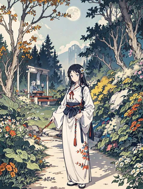 best quality, high_resolution, distinct_image, detailed background ,girl, flower,garden,moon, <lora:sakuragiManoTHEIDOLM_v10:1>