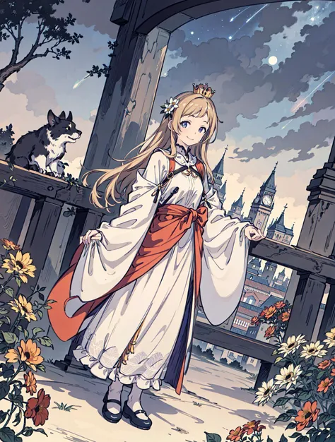 best quality, high_resolution, distinct_image, detailed background ,girl, random wear,flower, night sky,dutch angle, wide shot,shy smile, crown, <lora:sakuragiManoTHEIDOLM_v10:1>