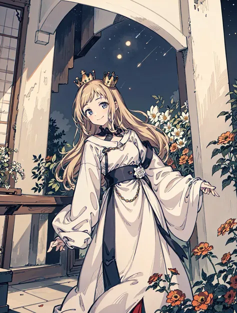 best quality, high_resolution, distinct_image, detailed background ,girl, random wear,flower, night sky,dutch angle, wide shot,shy smile, crown, <lora:sakuragiManoTHEIDOLM_v10:1>