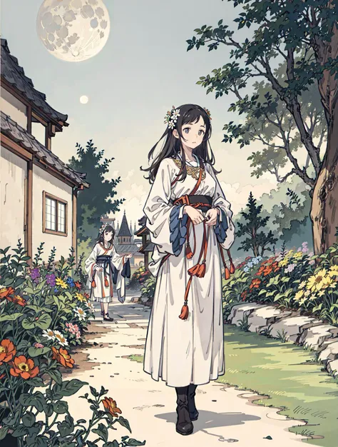 best quality, high_resolution, distinct_image, detailed background ,girl, flower,garden,moon, <lora:sakuragiManoTHEIDOLM_v10:1>
