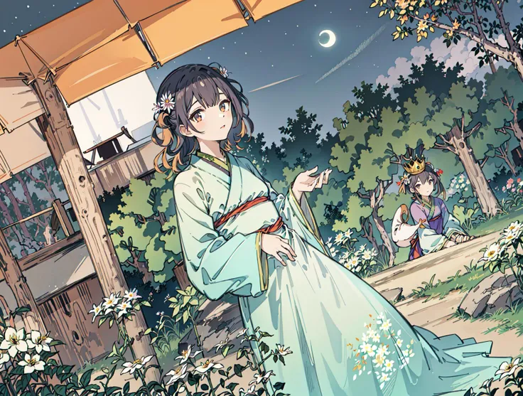 best quality, high_resolution, distinct_image, detailed background ,girl, hanbok,flower,garden,moon, night,dutch angle, wide shot, crown, <lora:morinoRinzeTHEIDOLMSTER_v10:1>
