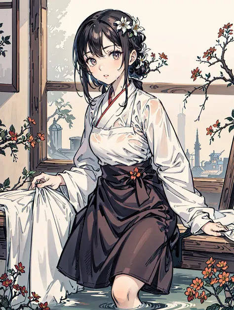 best quality, high_resolution, distinct_image, detailed background ,girl,flower, lain,dutch angle, wet,oriental castle,gothic hanbok, waist apron,