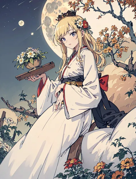 best quality, high_resolution, distinct_image, detailed background ,girl, hanbok,flower,garden,moon, night,dutch angle, wide shot, crown, <lora:ohtsukiYuiTHEIDOLMSTER_v10:1>