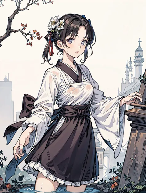 best quality, high_resolution, distinct_image, detailed background ,girl,flower, lain,dutch angle, wet,oriental castle,gothic hanbok, waist apron,