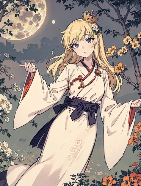 best quality, high_resolution, distinct_image, detailed background ,girl, hanbok,flower,garden,moon, night,dutch angle, wide shot, crown, <lora:ohtsukiYuiTHEIDOLMSTER_v10:1>