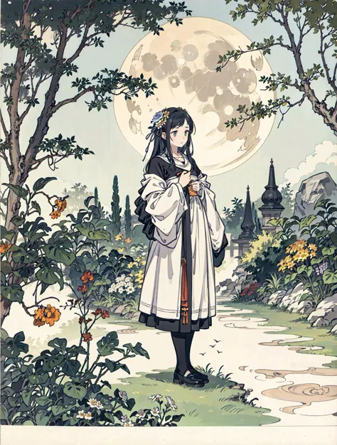 best quality, high_resolution, distinct_image, detailed background ,girl, flower,garden,moon, <lora:sakuragiManoTHEIDOLM_v10:1>