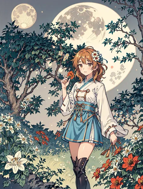 best quality, high_resolution, distinct_image, detailed background ,girl, flower,garden,moon, <lora:arakiHinaTHEIdolmSTER_v11:1>