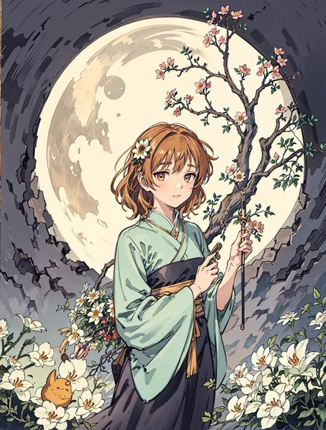 best quality, high_resolution, distinct_image, detailed background ,girl, flower,garden,moon, <lora:arakiHinaTHEIdolmSTER_v11:1>