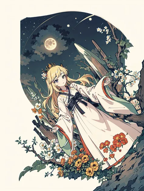 best quality, high_resolution, distinct_image, detailed background ,girl, hanbok,flower,garden,moon, night,dutch angle, wide shot, crown,  <lora:ohtsukiYuiTHEIDOLMSTER_v10:1>