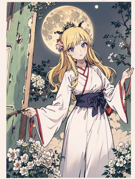 best quality, high_resolution, distinct_image, detailed background ,girl, hanbok,flower,garden,moon, night,dutch angle, wide shot, crown, <lora:ohtsukiYuiTHEIDOLMSTER_v10:1>