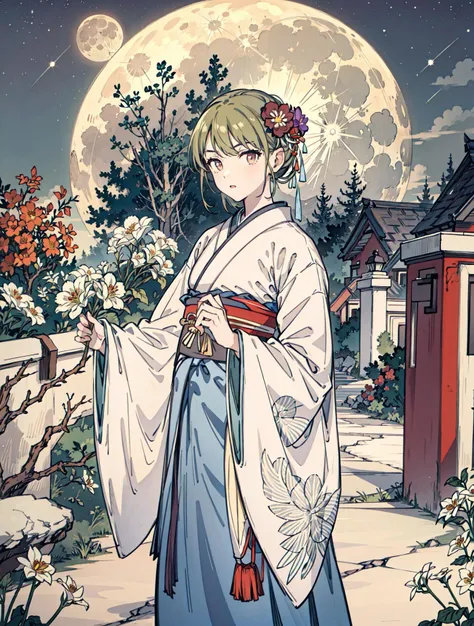 best quality, high_resolution, distinct_image, detailed background ,girl, hanbok,flower,garden,moon, night,<lora:nanakusaNichikaTHEIDOLM_v10:1>