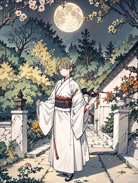 best quality, high_resolution, distinct_image, detailed background ,girl, hanbok,flower,garden,moon, night,<lora:nanakusaNichikaTHEIDOLM_v10:1>