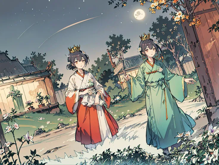 best quality, high_resolution, distinct_image, detailed background ,girl, hanbok,flower,garden,moon, night,dutch angle, wide shot, crown,  <lora:morinoRinzeTHEIDOLMSTER_v10:1>