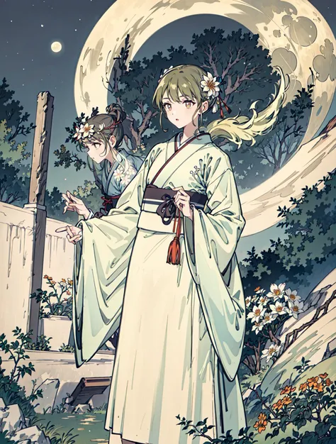best quality, high_resolution, distinct_image, detailed background ,girl, hanbok,flower,garden,moon, night,<lora:nanakusaNichikaTHEIDOLM_v10:1>