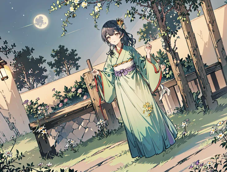 best quality, high_resolution, distinct_image, detailed background ,girl, hanbok,flower,garden,moon, night,dutch angle, wide shot, crown,  <lora:morinoRinzeTHEIDOLMSTER_v10:1>