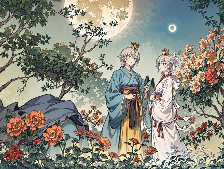 best quality, high_resolution, distinct_image, detailed background ,girl, hanbok,flower,garden,moon, night,dutch angle, wide shot, crown,<lora:anastasiaTHEIdolmSTER_anastasiaV10:1>