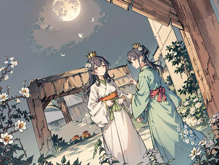 best quality, high_resolution, distinct_image, detailed background ,girl, hanbok,flower,garden,moon, night,dutch angle, wide shot, crown, <lora:morinoRinzeTHEIDOLMSTER_v10:1>