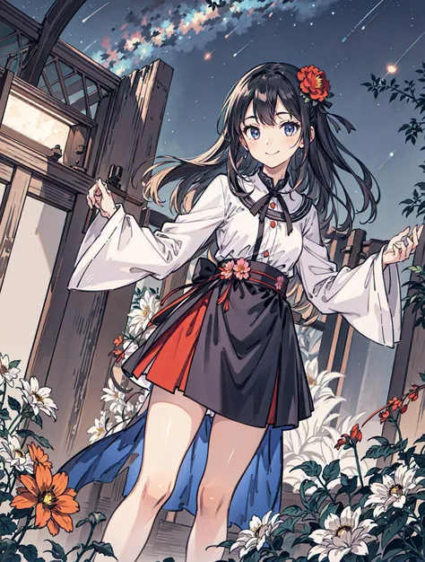 best quality, high_resolution, distinct_image, detailed background ,girl, random wear,flower, night sky,dutch angle, wide shot,shy smile,