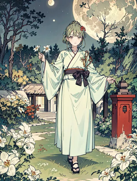 best quality, high_resolution, distinct_image, detailed background ,girl, hanbok,flower,garden,moon, night,<lora:nanakusaNichikaTHEIDOLM_v10:1>