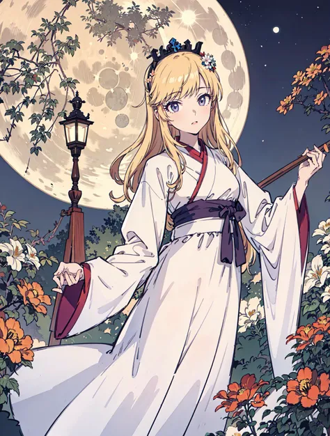 best quality, high_resolution, distinct_image, detailed background ,girl, hanbok,flower,garden,moon, night,dutch angle, wide shot, crown, <lora:ohtsukiYuiTHEIDOLMSTER_v10:1>