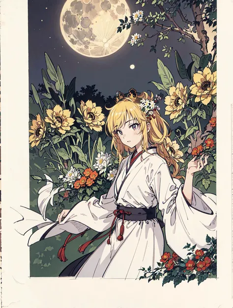 best quality, high_resolution, distinct_image, detailed background ,girl, hanbok,flower,garden,moon, night,dutch angle, wide shot, crown, <lora:ohtsukiYuiTHEIDOLMSTER_v10:1>