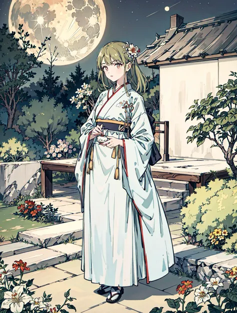 best quality, high_resolution, distinct_image, detailed background ,girl, hanbok,flower,garden,moon, night,<lora:nanakusaNichikaTHEIDOLM_v10:1>