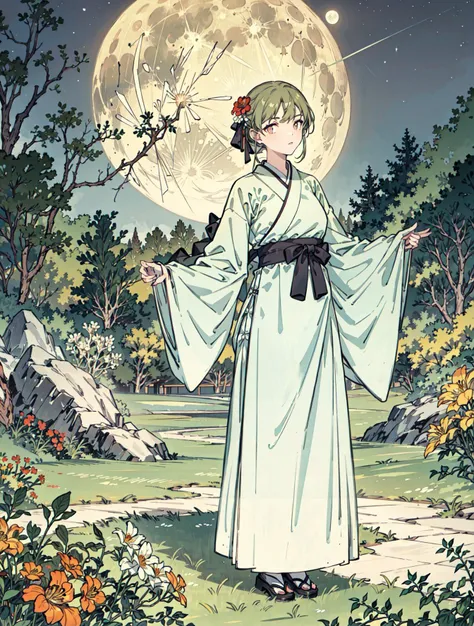 best quality, high_resolution, distinct_image, detailed background ,girl, hanbok,flower,garden,moon, night,<lora:nanakusaNichikaTHEIDOLM_v10:1>