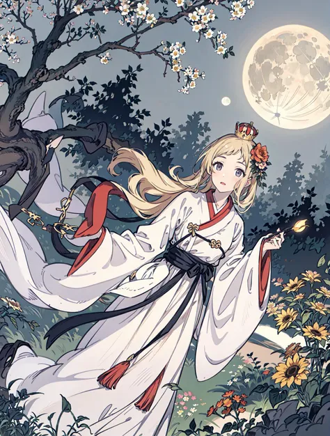 best quality, high_resolution, distinct_image, detailed background ,girl, hanbok,flower,garden,moon, night,dutch angle, wide shot, crown, <lora:sakuragiManoTHEIDOLM_v10:1>