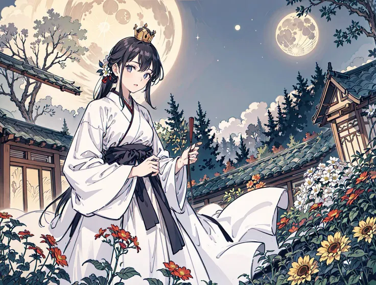 best quality, high_resolution, distinct_image, detailed background ,girl, hanbok,flower,garden,moon, night,dutch angle, wide shot, crown, <lora:kobayakawaSaeIdolm_delta:1>
