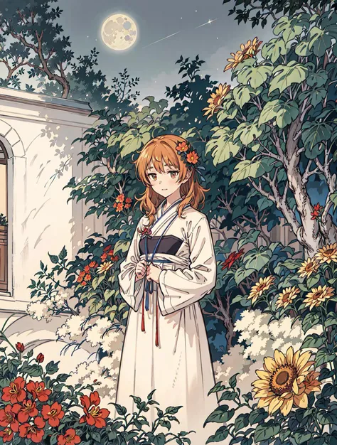 best quality, high_resolution, distinct_image, detailed background ,girl, flower,garden,moon, <lora:arakiHinaTHEIdolmSTER_v11:1>