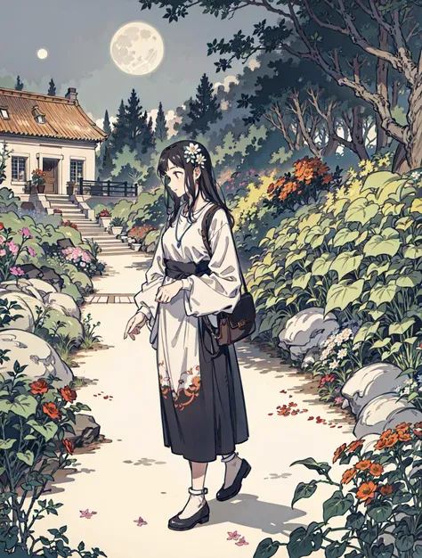 best quality, high_resolution, distinct_image, detailed background ,girl, flower,garden,moon, <lora:sakuragiManoTHEIDOLM_v10:1>